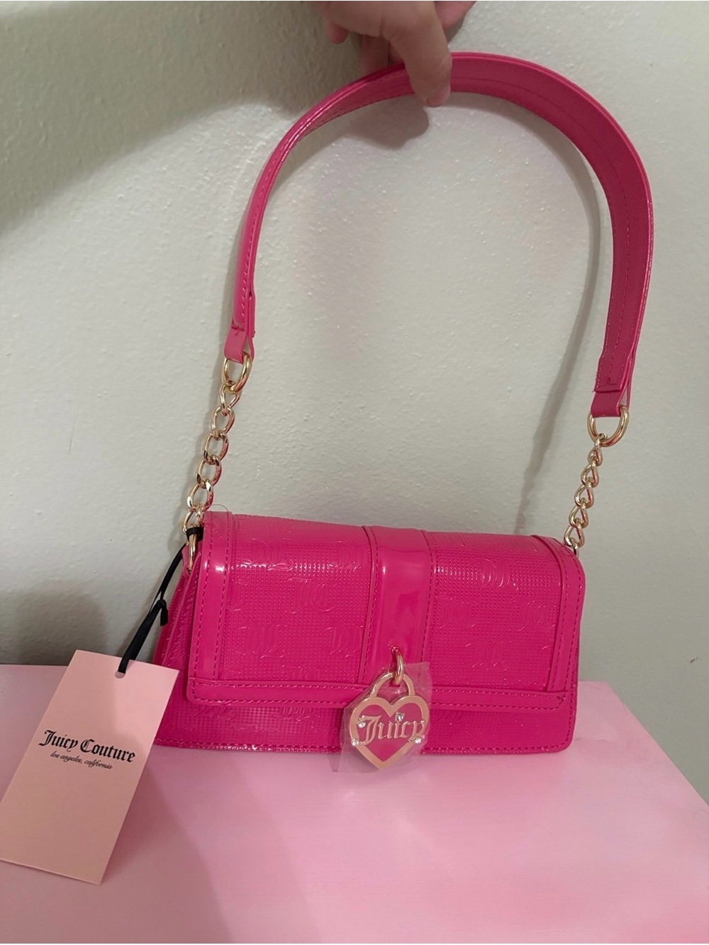 Juicy Couture Patent Hot Pink Shoulder Bag with Gold Chain